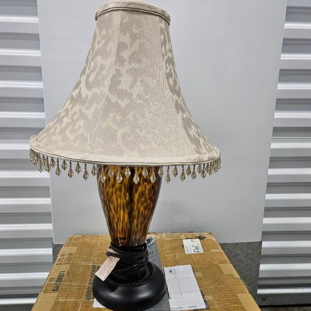 Vtg Leopard Glass 27" Table Lamp, Desk Lamp With Beige Fabric Beaded Lamp Shade